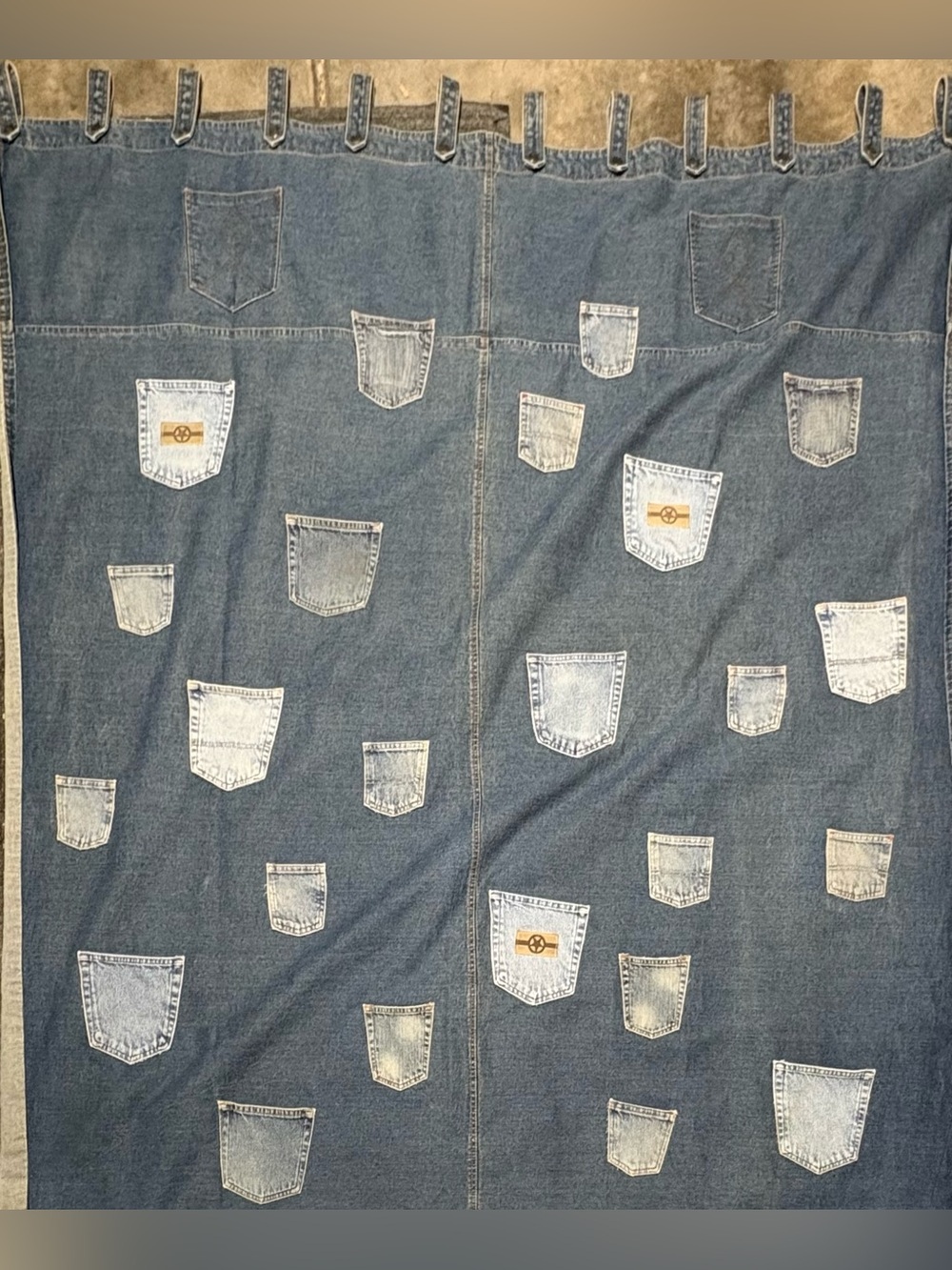 Upcycled Heavy Denim Shower Curtain W/ Hand Sewn Blue Jean Pockets Wall Hanging